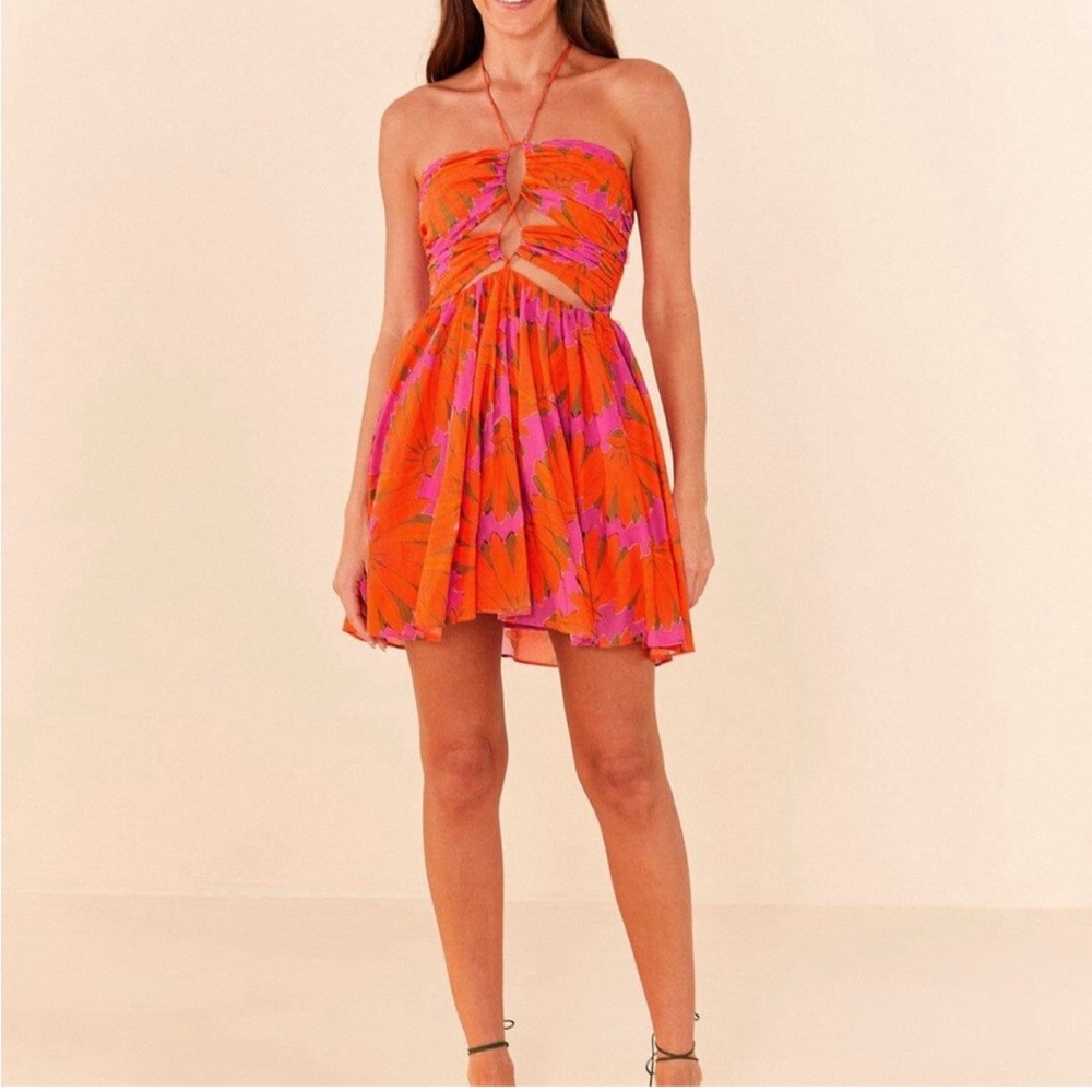 Farm Rio 100% Orange and Pink Mini Halter Mini Dress Size XL